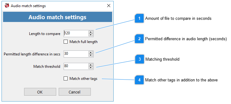 Audio match settings window